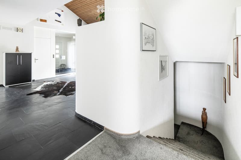 Modern hallway with dark wooden flooring, white walls, a cowhide rug, framed artwork, and a staircase leading upwards.