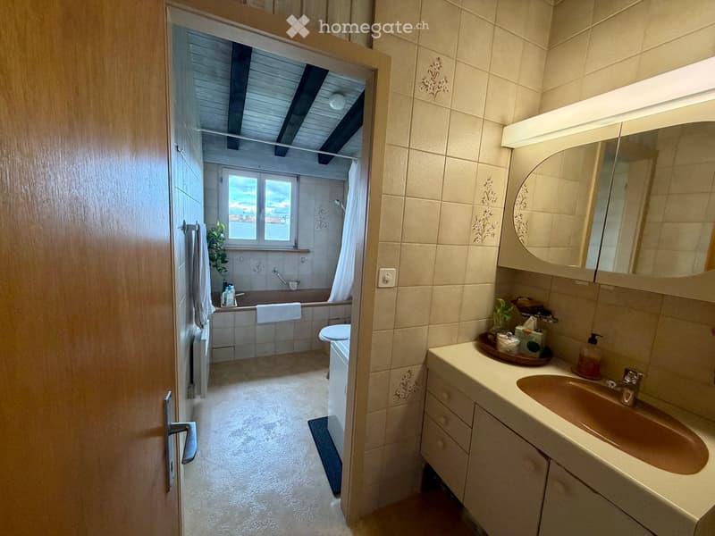 Bathroom with a sink, mirror, toilet, bathtub, and a small plant on the windowsill. The room has beige tiles and a wooden door leading to another space.