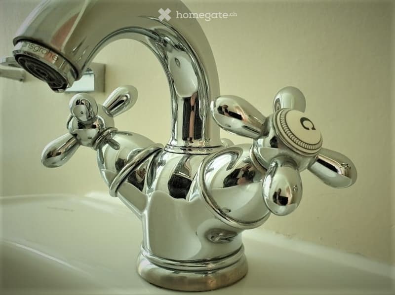 Close-up of a chrome faucet with dual handles and a spray function, mounted on a white sink.