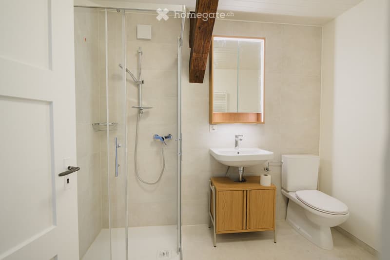 Modern bathroom with a glass-enclosed shower, a white sink with a wooden cabinet, a toilet, and a mirror with wooden frame.
