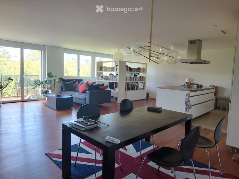 Open-plan living and dining area with a grey sofa, coffee table, bookshelf, dining table with chairs, and a modern kitchen island.