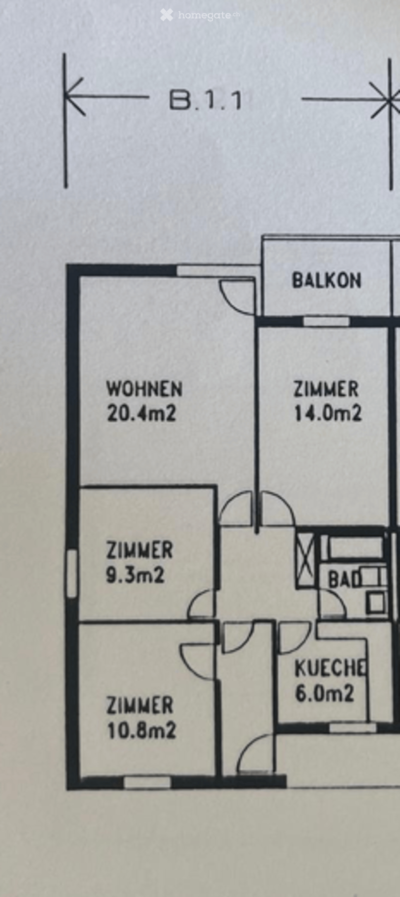 Floor plan showing a living area (20.4m²), three bedrooms (14.0m², 9.3m², 10.8m²), a kitchen (6.0m²), a bathroom, and a balcony.