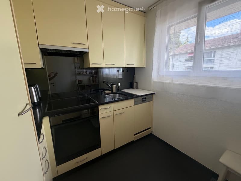 Modern kitchen with light-colored cabinets, black countertops, and stainless steel appliances including an oven, sink, and dishwasher. A window with blinds offers natural light.