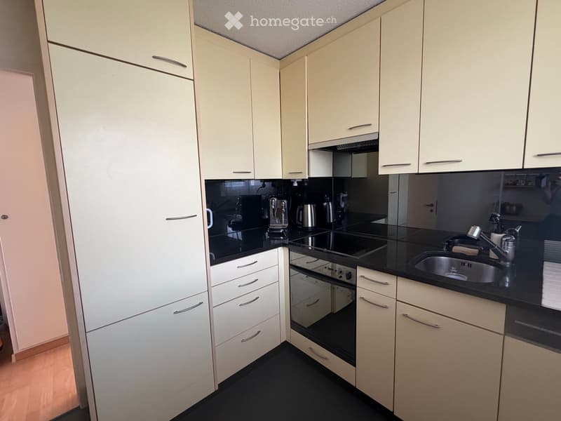 Modern kitchen with light-colored cabinets, black countertops, stainless steel appliances, and a built-in oven.