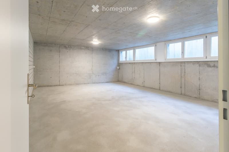 Empty room with concrete walls and floor, small windows, and a door handle visible on the left side.