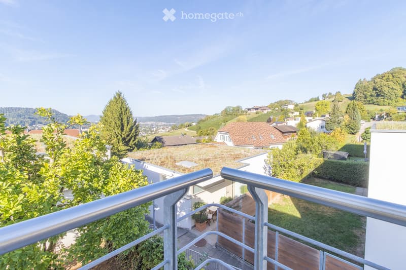 Balcony overlooking a residential area with houses, trees, and a clear blue sky.