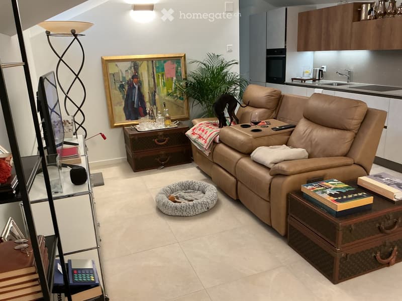 Modern living room with a beige leather sofa, coffee table, floor lamp, painting, dog bed, and a small kitchen area with cabinets and a sink.