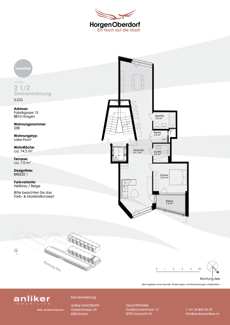 Floor plan of a 2.5-room apartment on the 5th floor, featuring a living/dining/kitchen area, bedroom, bathroom, and balcony.