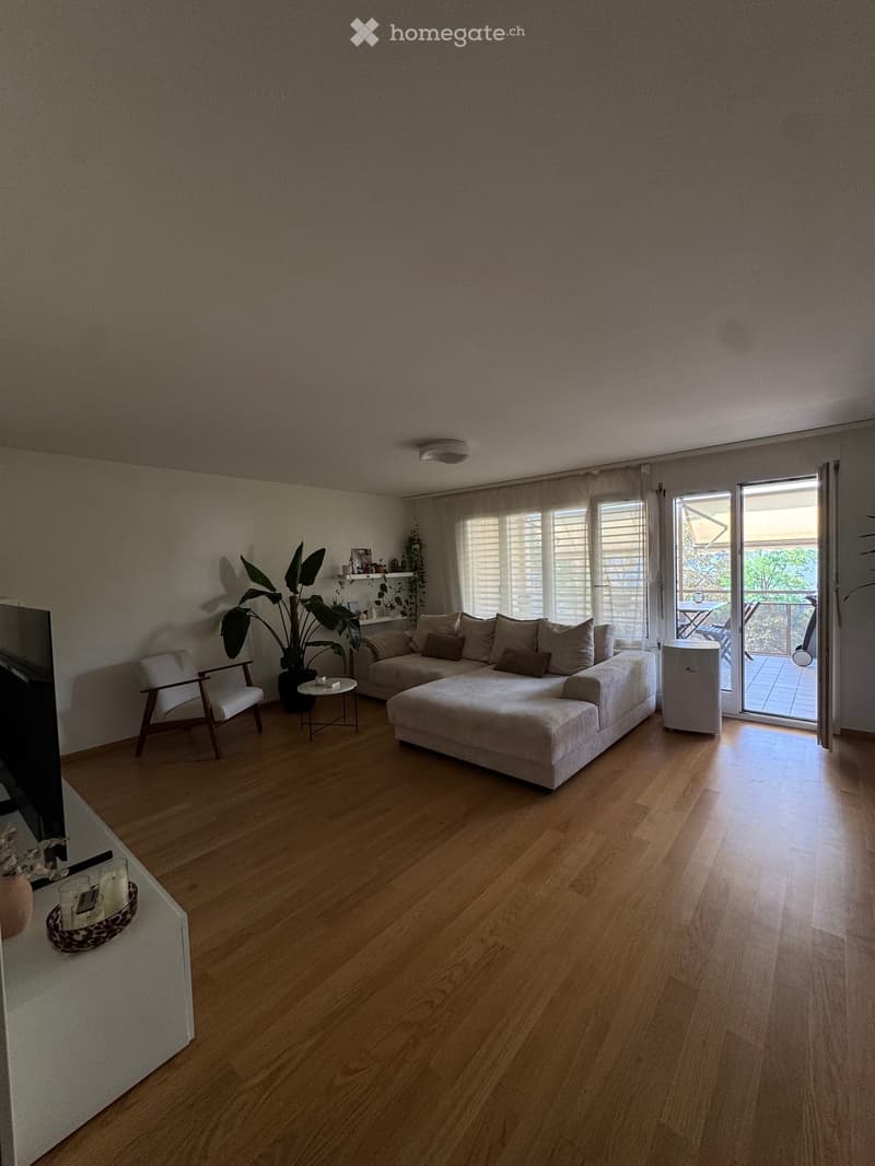 Modern living room with light wooden flooring, a white sectional sofa, a wooden armchair, a small round table, a large potted plant, and an air conditioner near the sliding glass door leading to a balcony.