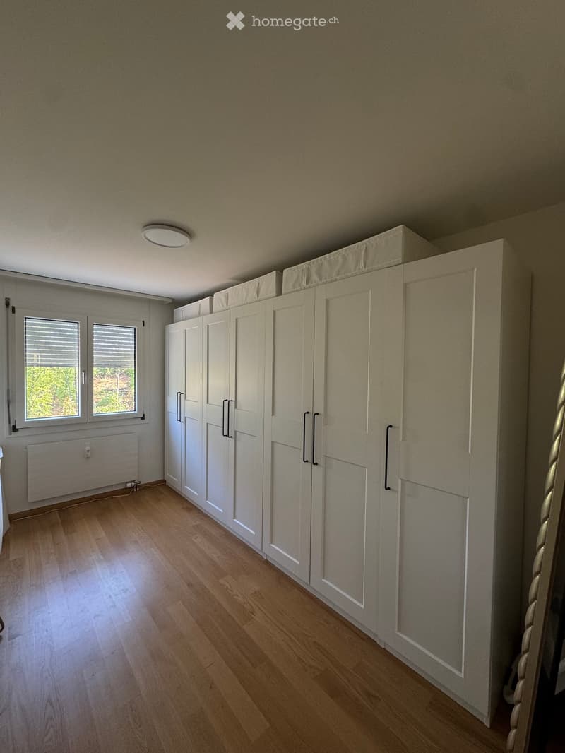 Empty room with light wooden flooring, white built-in wardrobes, and two windows with blinds. The room has a modern, minimalist design with neutral-colored walls and a ceiling light fixture.