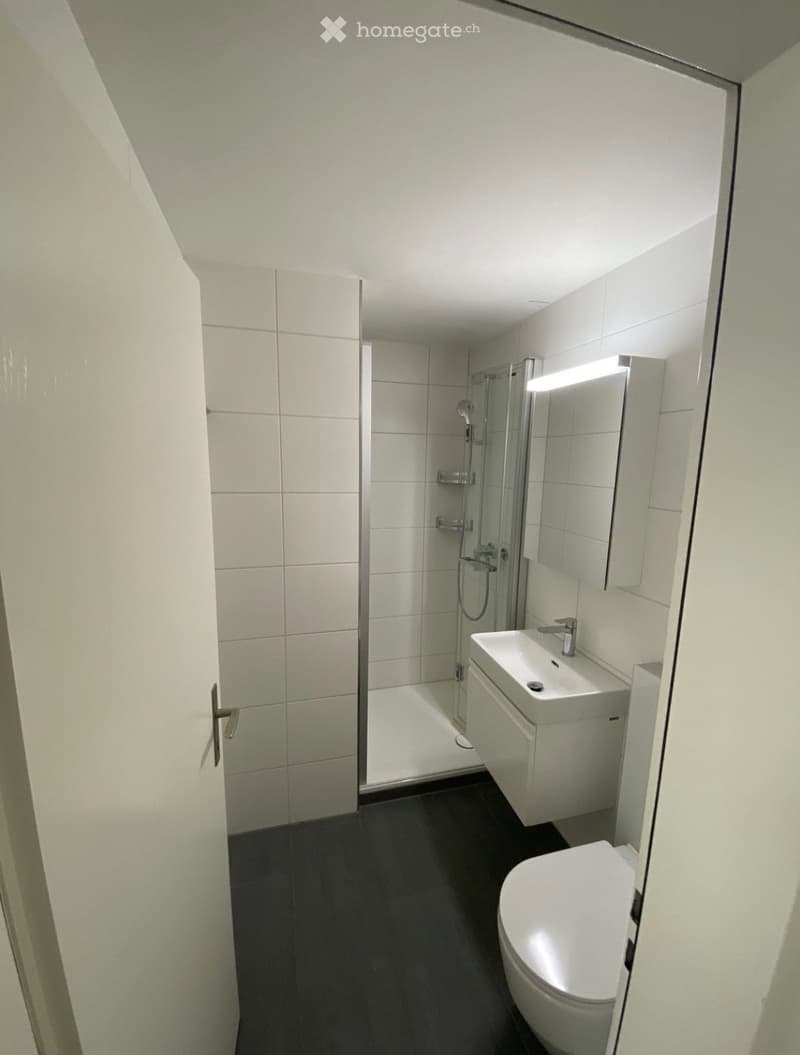 Modern bathroom with white tiles, black floor, glass-enclosed shower, sink, and toilet.