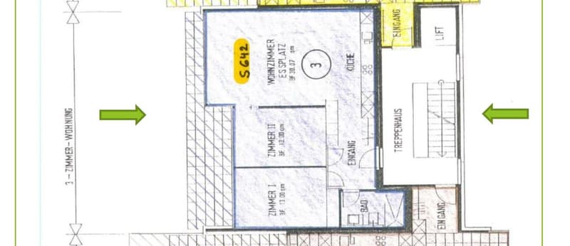 Floor plan showing a 3-room apartment with living room, kitchen, bathroom, and entrance area.