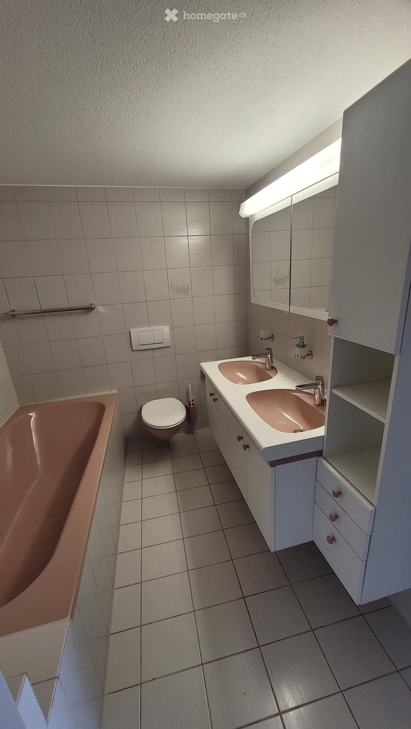 Modern bathroom with a double sink, bathtub, toilet, and built-in cabinet with mirrored front.