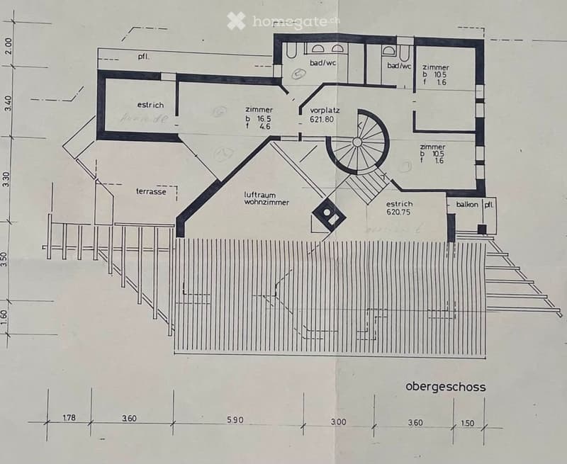 Floor plan of an upper level showing a living room, bedrooms, bathrooms, balcony, and terrace.