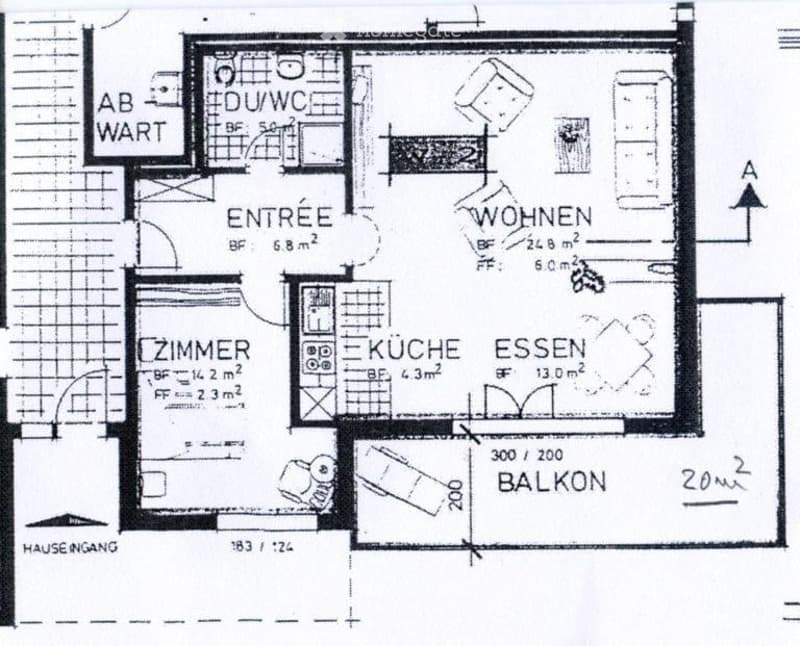 Floor plan showing entrance, living room, kitchen, dining area, bedroom, bathroom, and balcony.