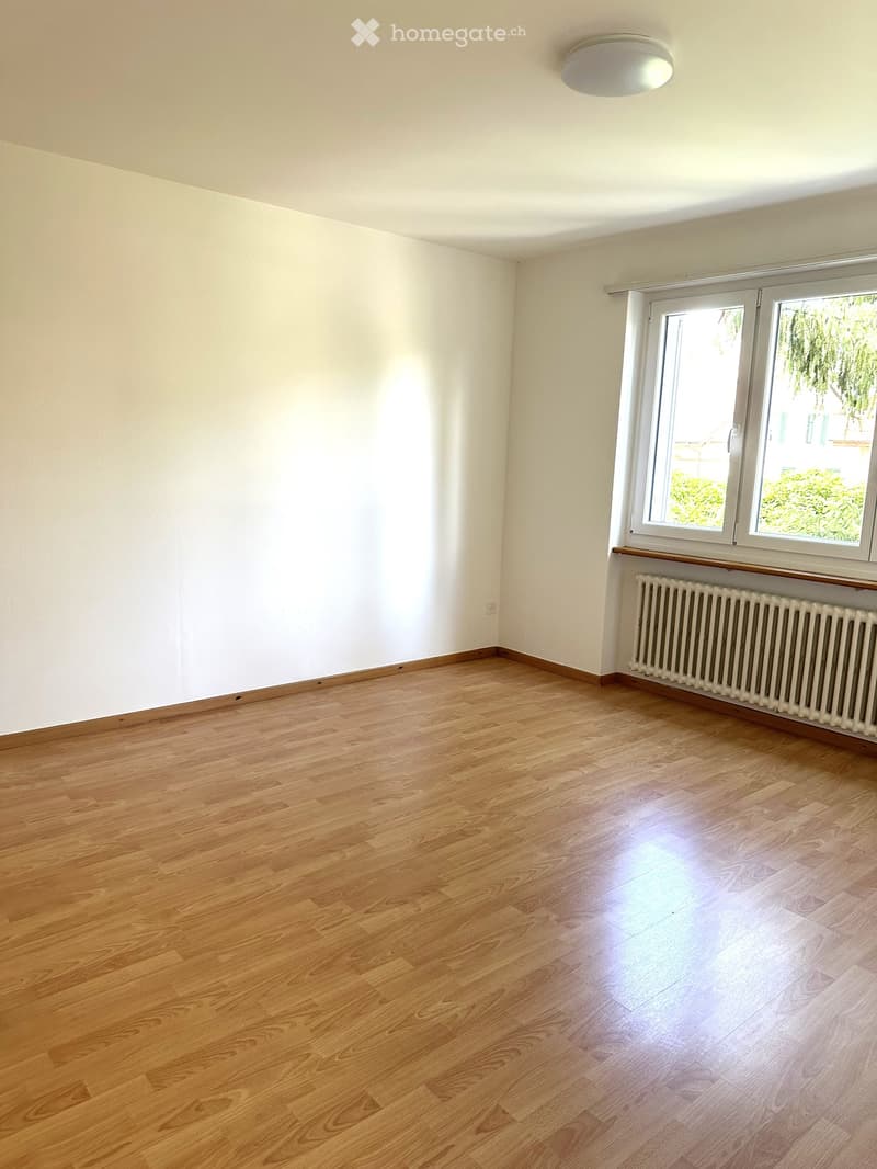 Empty room with light wooden flooring, white walls, a window with white frame, radiator, and a ceiling light fixture.