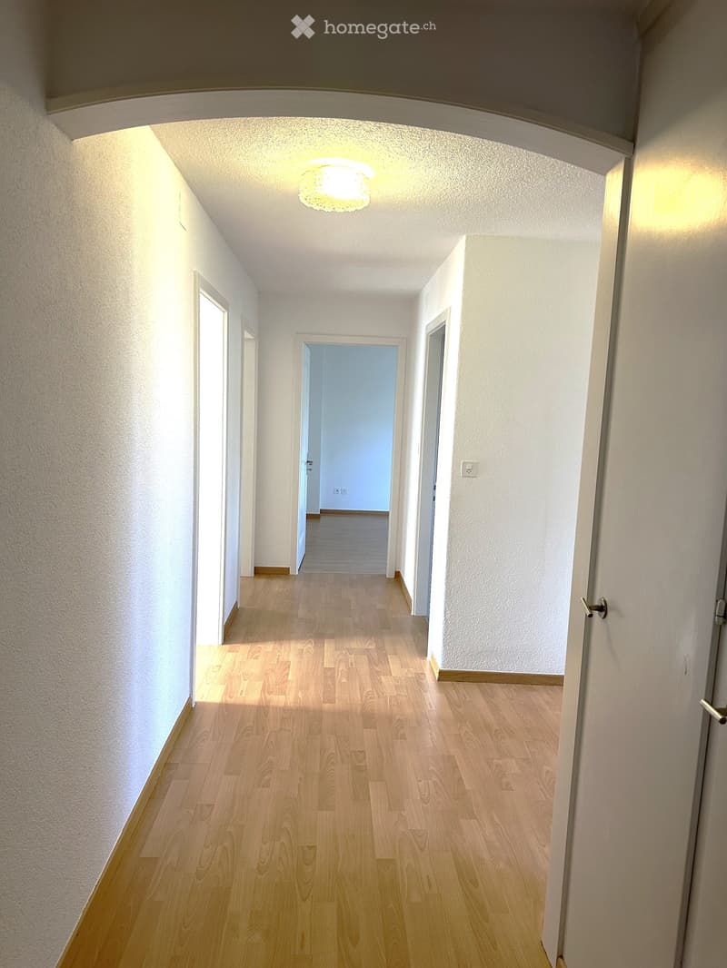 Bright hallway with wooden flooring, white walls, and a ceiling light fixture. Doors lead to adjacent rooms.