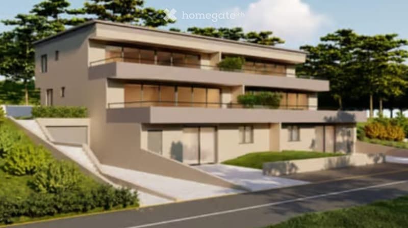 Modern two-story house with multiple balconies, raised ground floor, and contemporary design.