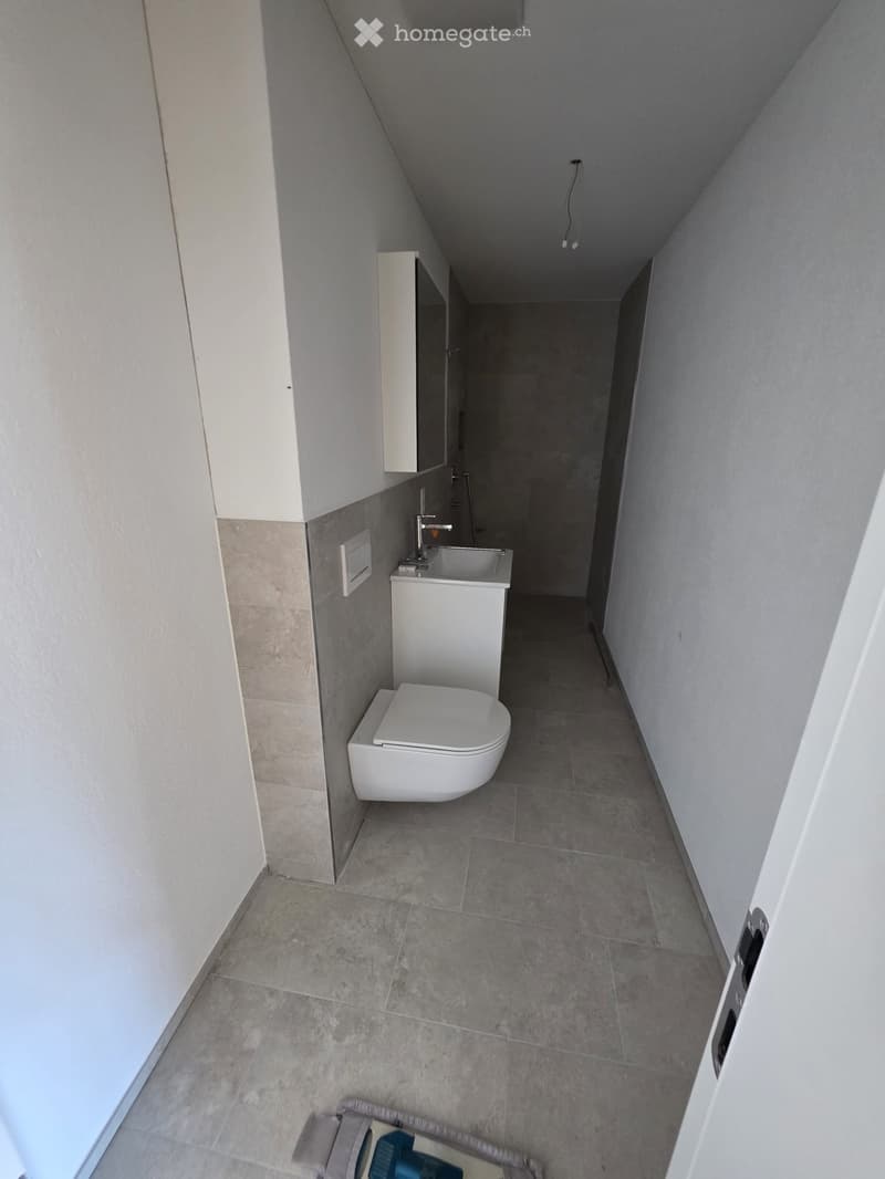 Modern bathroom with a toilet, sink, and cabinet. The space features light grey tiles and white fixtures.