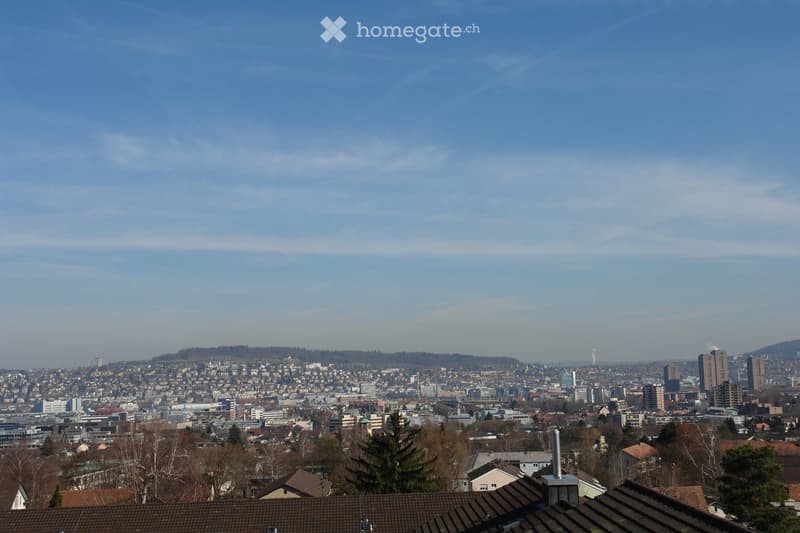 Panoramic cityscape view with a mix of residential and commercial buildings, visible rooftops, and distant skyline.