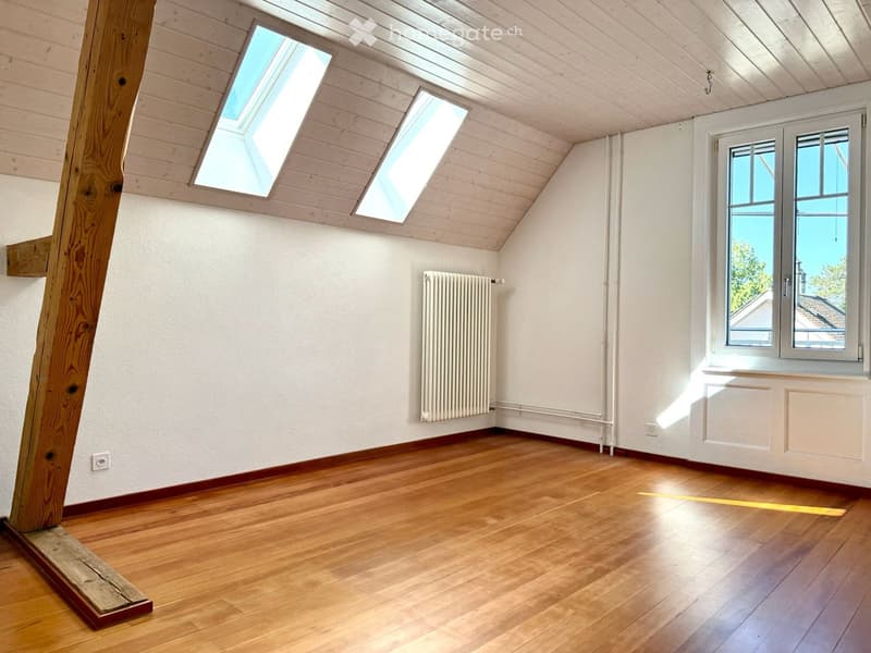 Empty room with wooden flooring, white walls, skylights, and a window with a view of the roof.