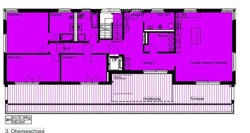 Floor plan of a 3-story house with multiple rooms including living room, kitchen, bedrooms, bathrooms, and a terrace.