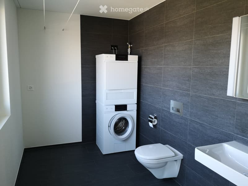 Modern bathroom with dark grey tiles, white fixtures, and a stacked washer/dryer unit.
