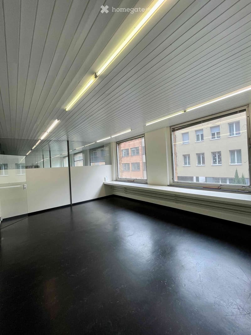 Empty room with dark flooring, white walls, large windows, and a slanted ceiling with integrated lighting. No furniture or equipment present.