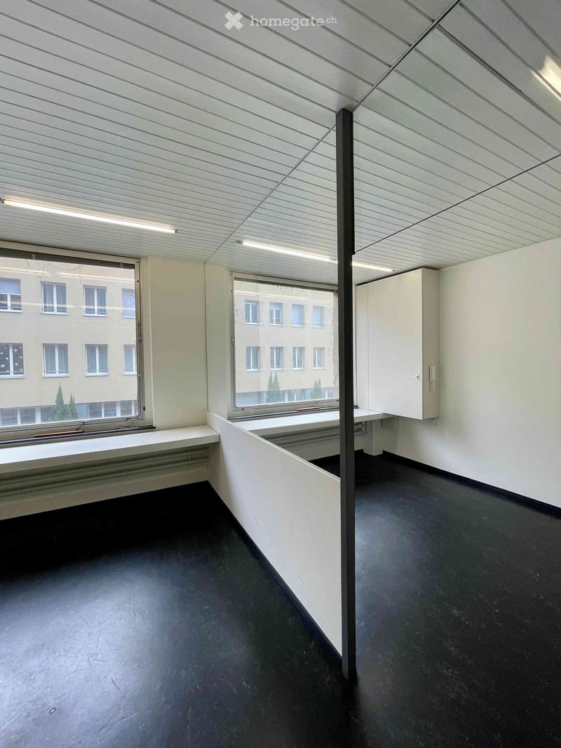 Empty room with black flooring, white walls, large windows, and a modern ceiling design.