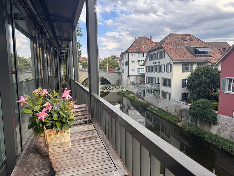 Balcony with wooden decking, metal railing, and a potted plant with pink flowers. Offers a view of a canal and historic buildings.