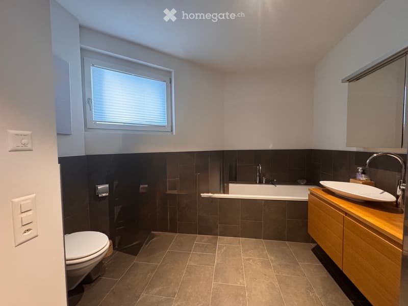 Modern bathroom with dark brown tiles, a white toilet, a bathtub, a sink with a modern faucet, and wooden cabinets.