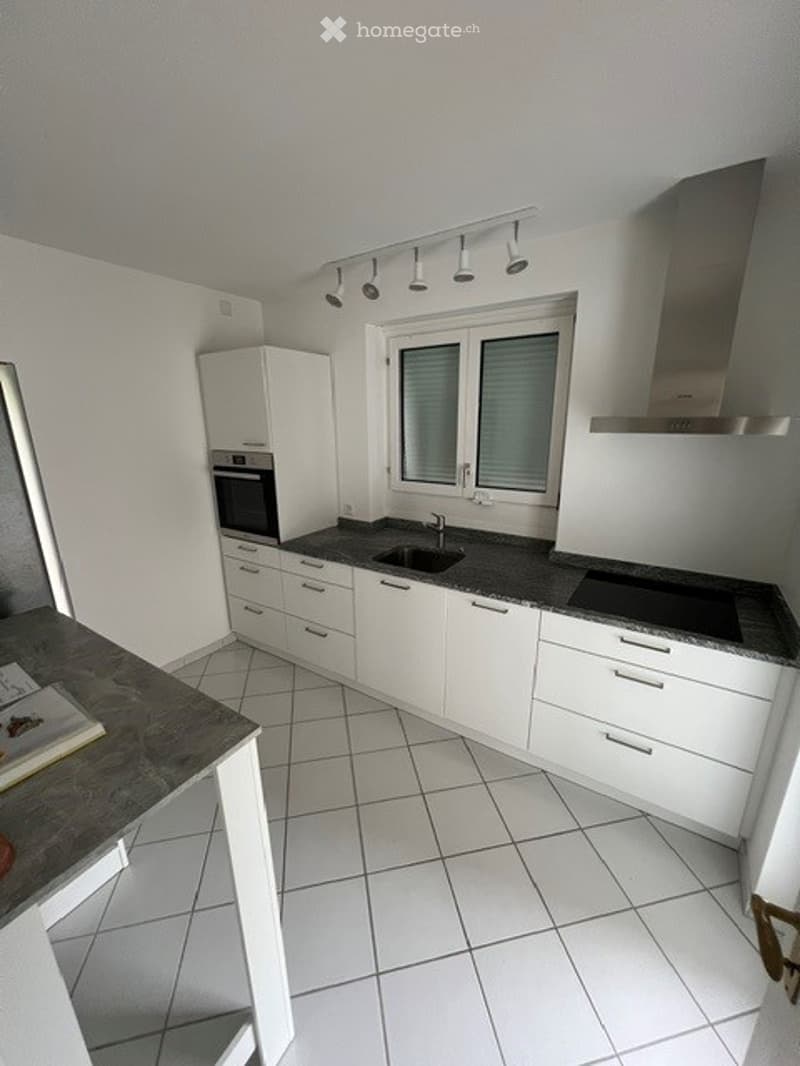 Modern kitchen with white cabinets, granite countertops, and stainless steel appliances. Features include a double sink, built-in oven, and range hood.