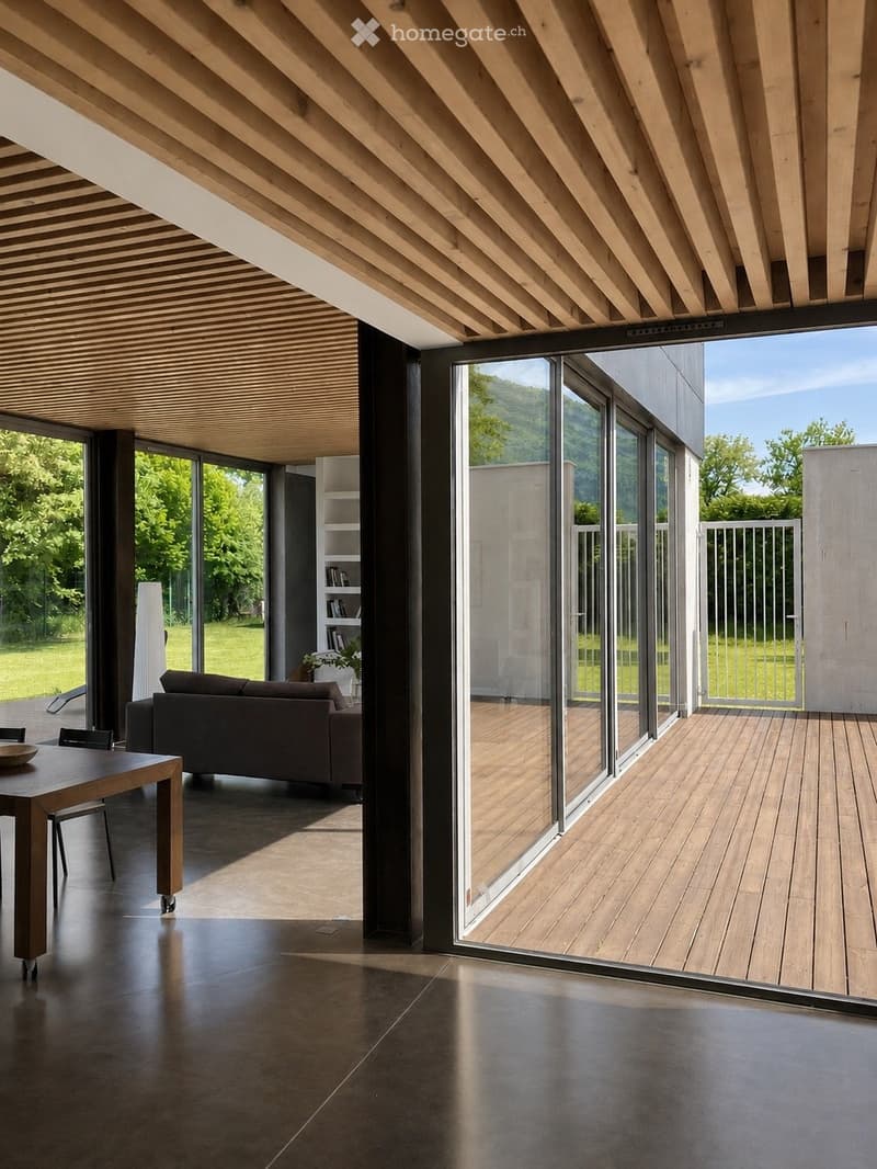 Modern living room with large glass doors opening to a wooden deck, featuring a dark-toned sofa, a wooden dining table with chairs, and a bookshelf with decorative items.
