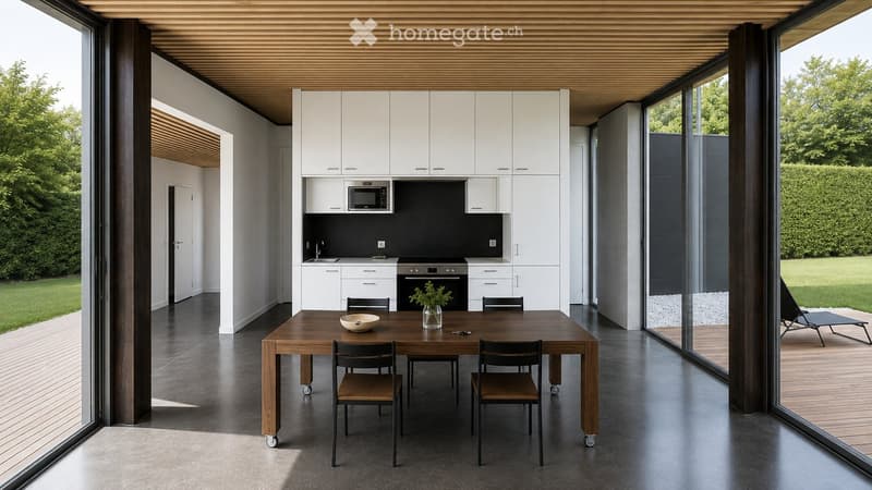 Modern kitchen and dining area with white cabinets, black countertops, a wooden dining table with chairs, and large windows overlooking a garden.