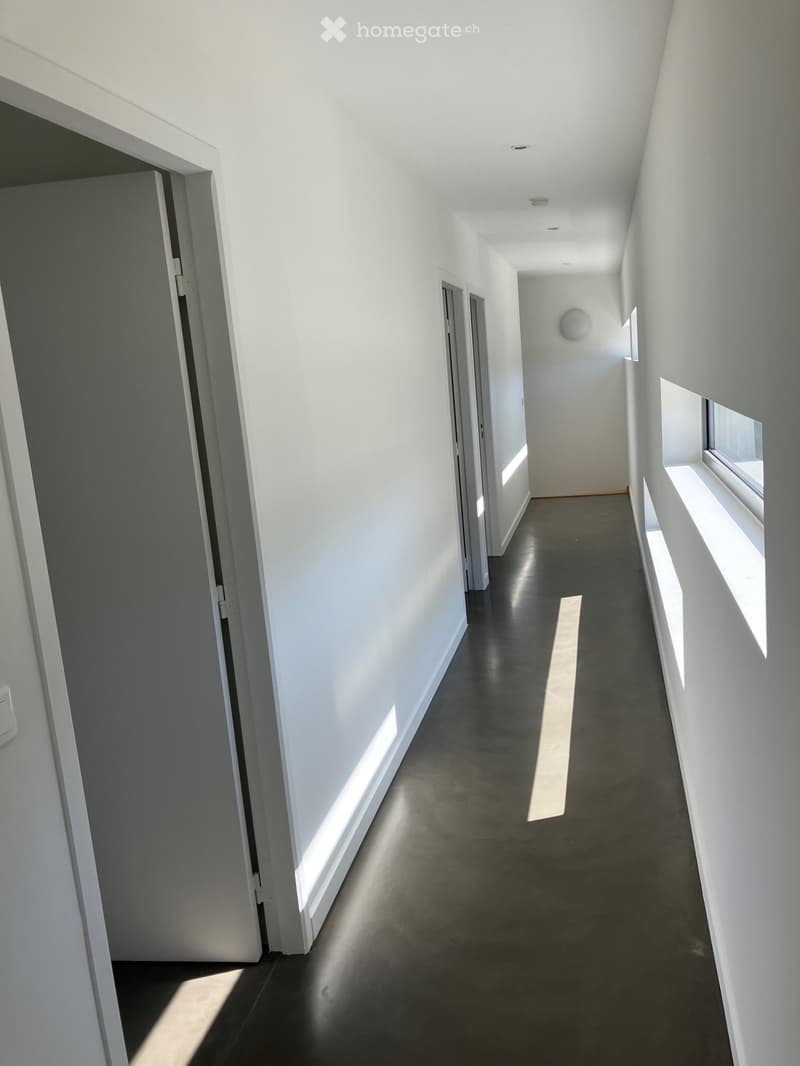 Modern, minimalist hallway with white walls, dark polished concrete floor, and recessed lighting. Features several doors and windows allowing natural light to enter.