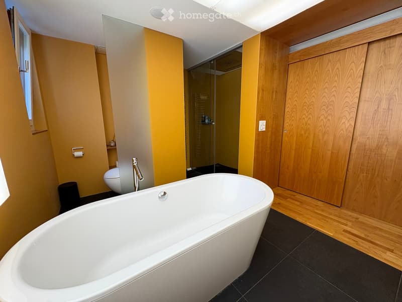 Modern bathroom with a freestanding bathtub, toilet, glass-enclosed shower, and wooden cabinetry.