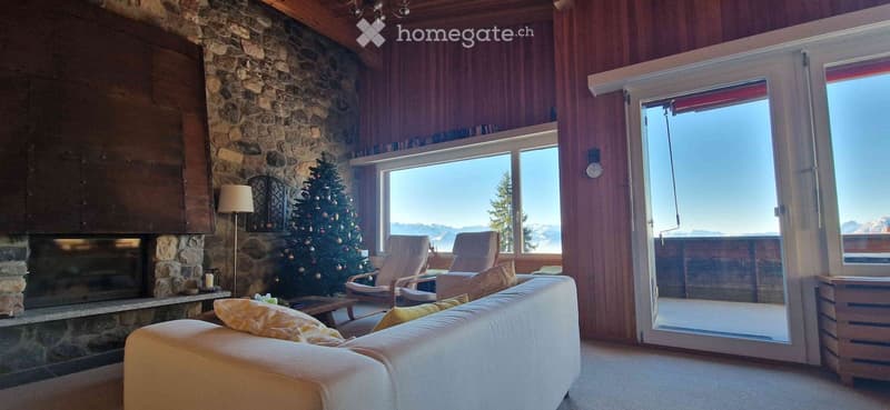 Cozy living room with a stone fireplace, large windows offering a scenic mountain view, a white sofa, two armchairs, and a Christmas tree.