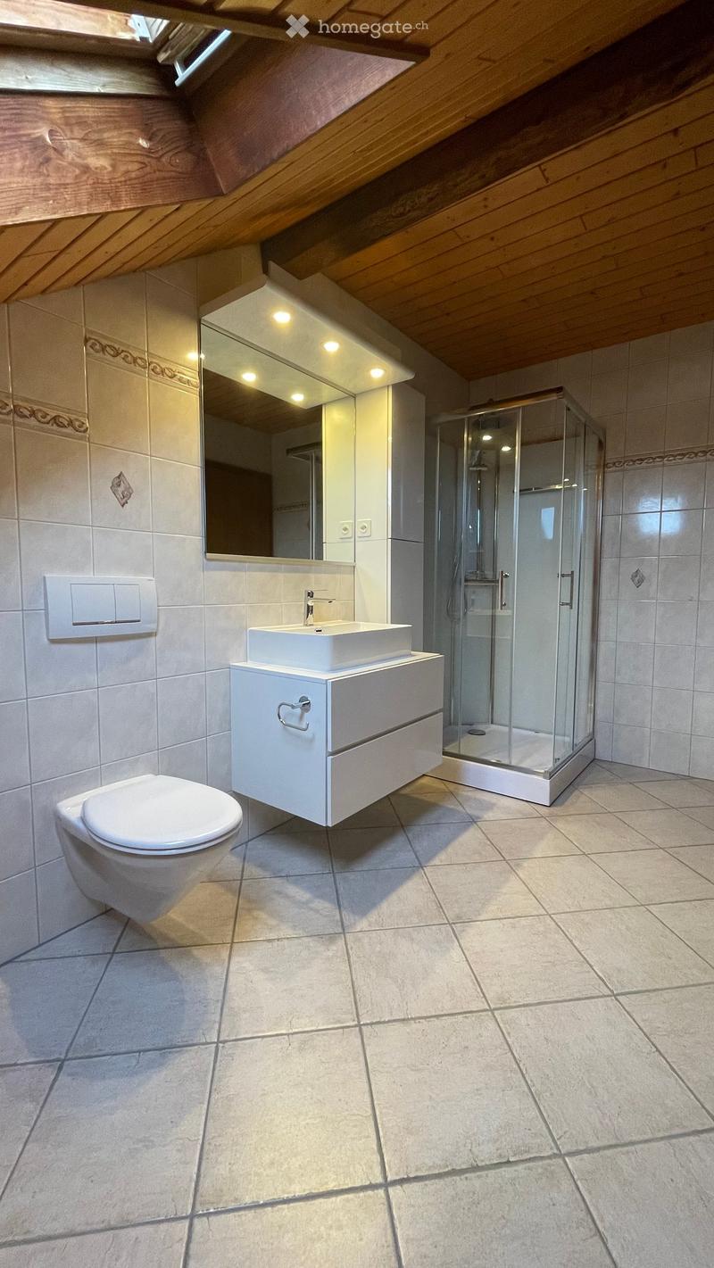 Modern bathroom with white tiles, a toilet, a sink with a cabinet, a mirror, and a glass-enclosed shower. The ceiling has wooden beams and skylights.