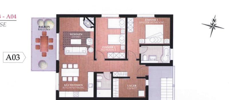Living room, 2 bedrooms, kitchen, dining area, balcony