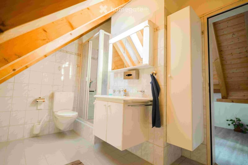 Modern bathroom with white tiles, a toilet, a sink with a mirror, and a glass-enclosed shower area. The room features wooden beams on the ceiling and a small plant visible in the background.