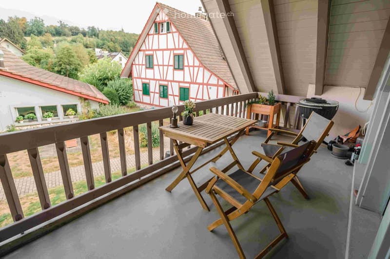 Balcony with wooden table, chairs, flower pot, and barbecue, overlooking a scenic rural area with traditional houses.