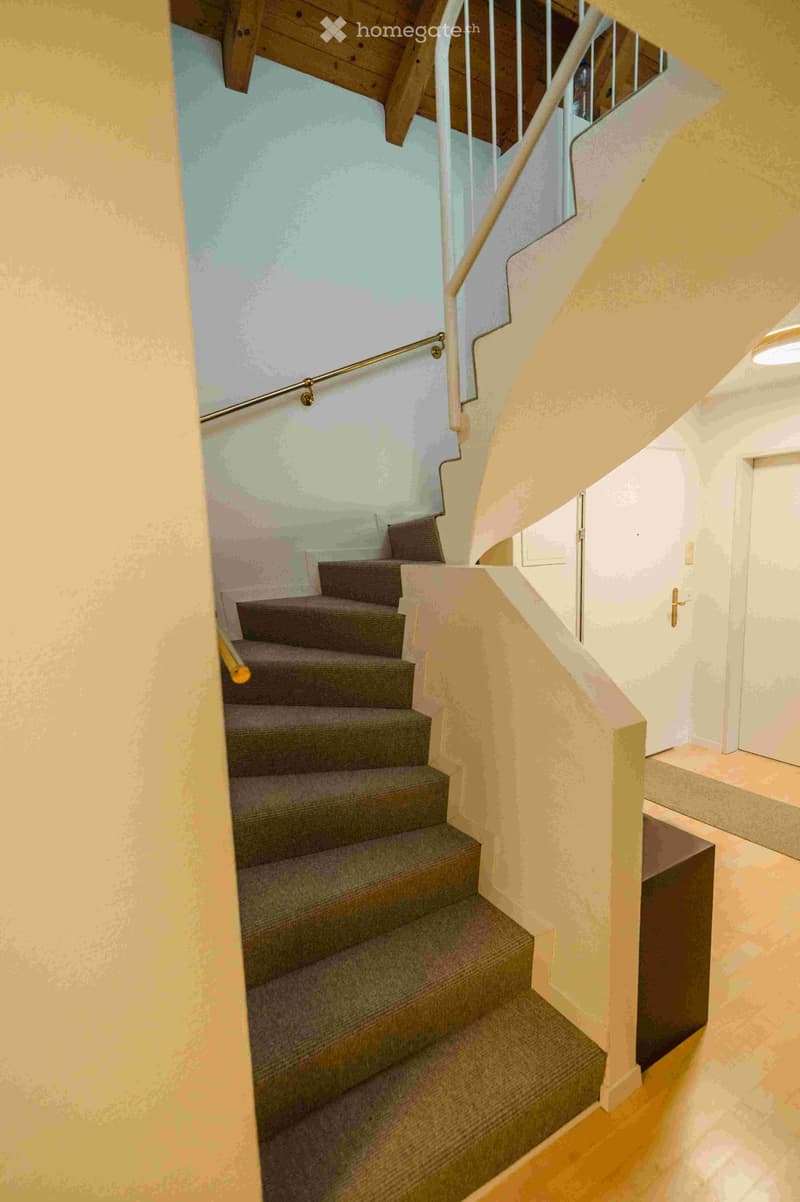 Staircase with carpeted steps, wooden handrail, and white walls.