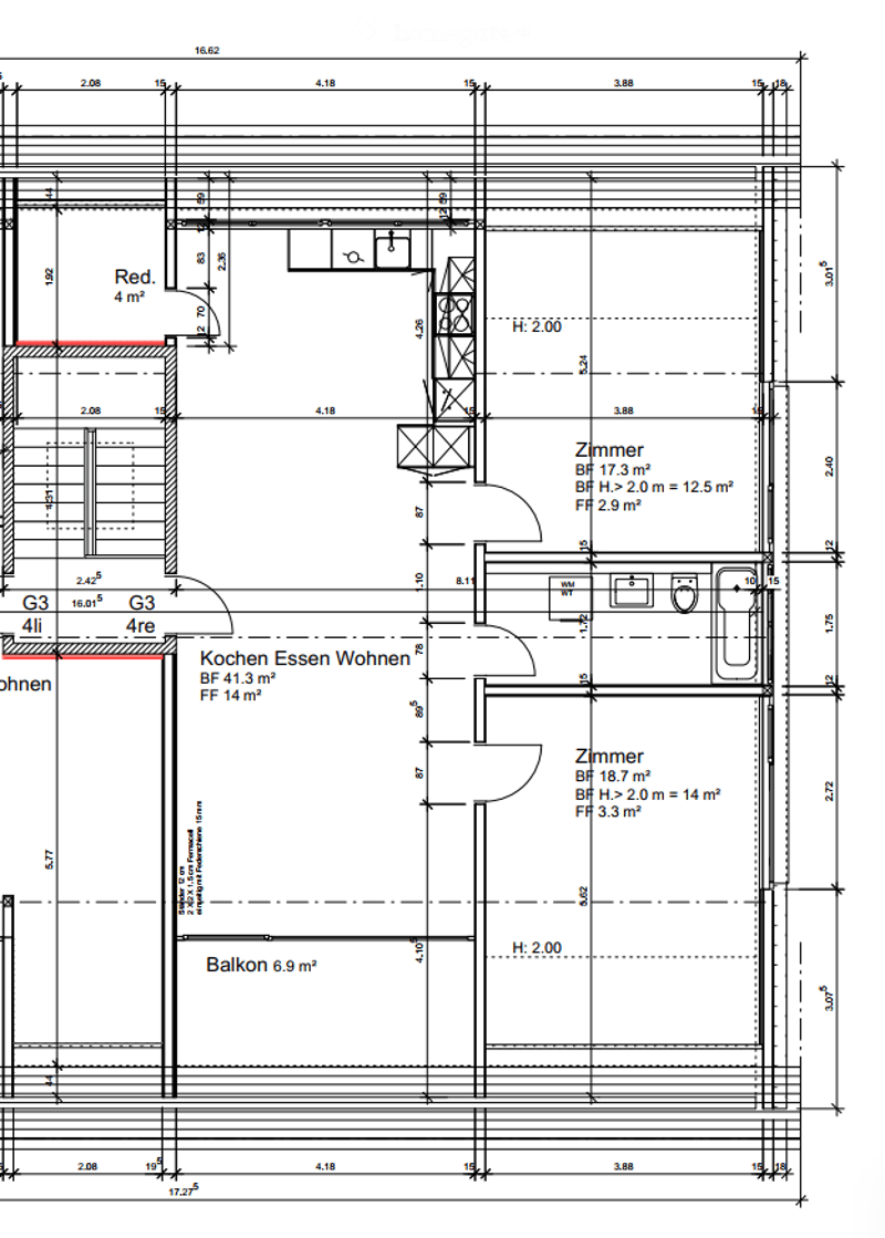 Floor plan showing a kitchen, living area, two bedrooms, and a balcony.