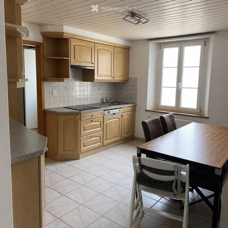 Bright kitchen with light wooden cabinets, a sink, a dishwasher, and a dining table with chairs.