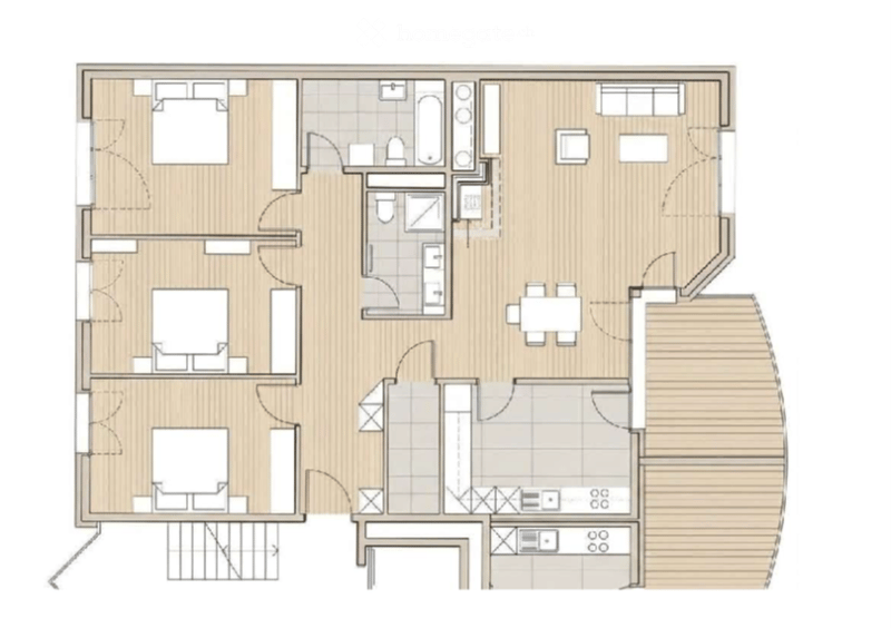 Floor plan of a multi-room apartment with a living room, dining area, kitchen, bedrooms, and bathrooms.