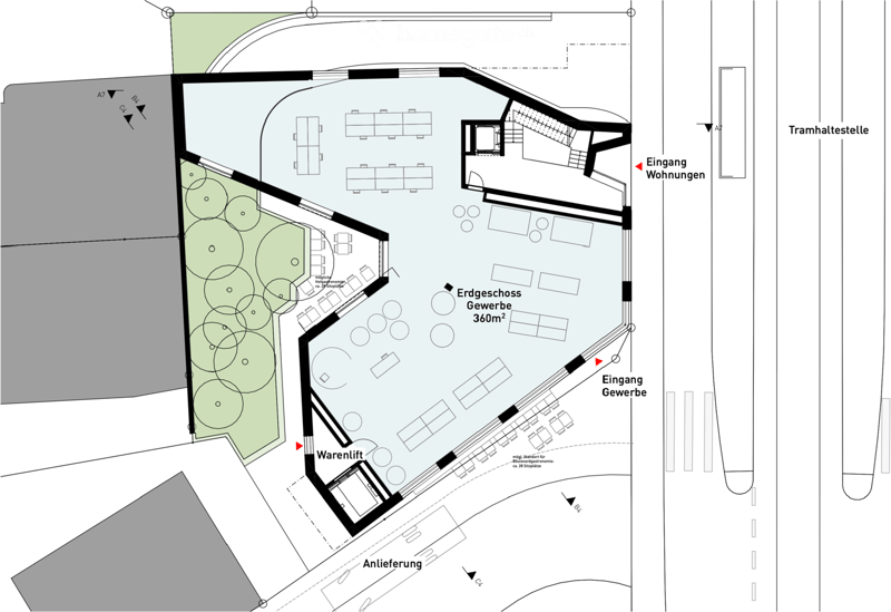 Floor plan showing ground floor with residential and commercial spaces, including entrance for residences, entrance for businesses, and a ground floor area of 360m2.