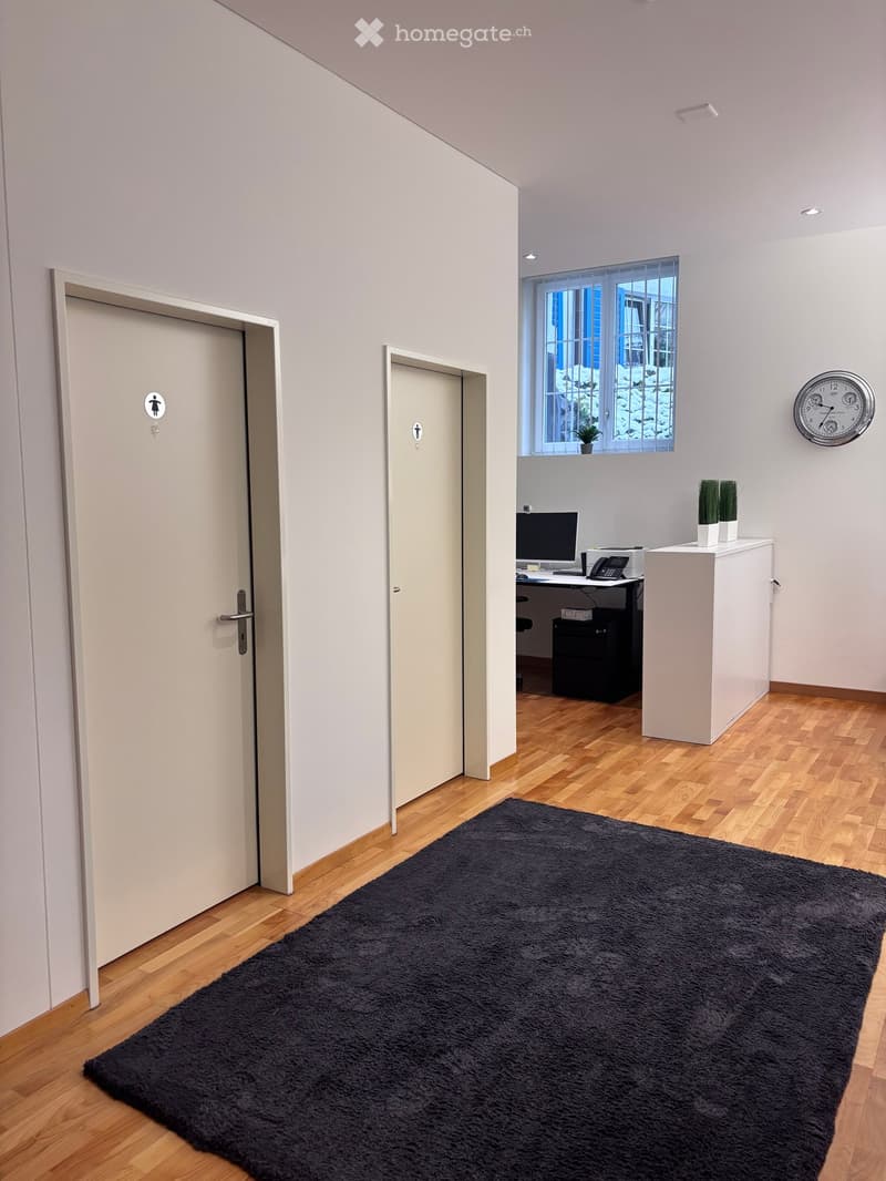 A room with two doors, a clock, a desk, a monitor, a telephone, a plant, a cabinet, and a rug.