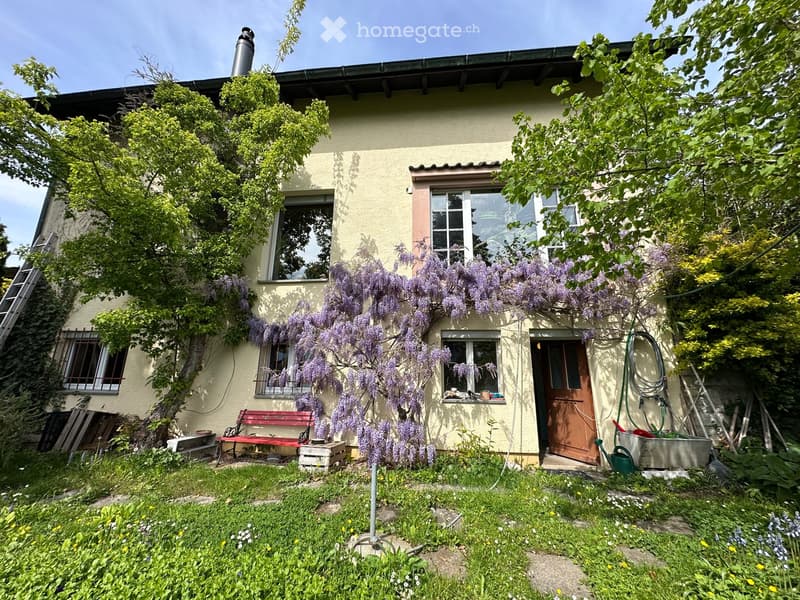 2 story house, beige walls, red roof, purple wisteria, red bench, garden, green plants