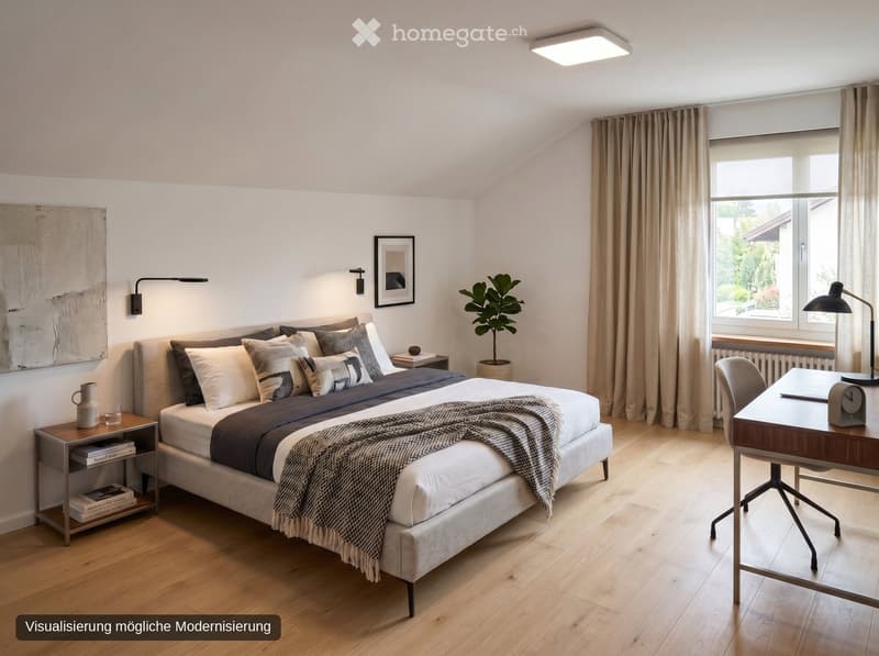 Modern bedroom with a large bed, nightstand, desk, chair, lamp, plant, picture frame, vase, and clock. The room features wooden flooring and large windows with curtains.
