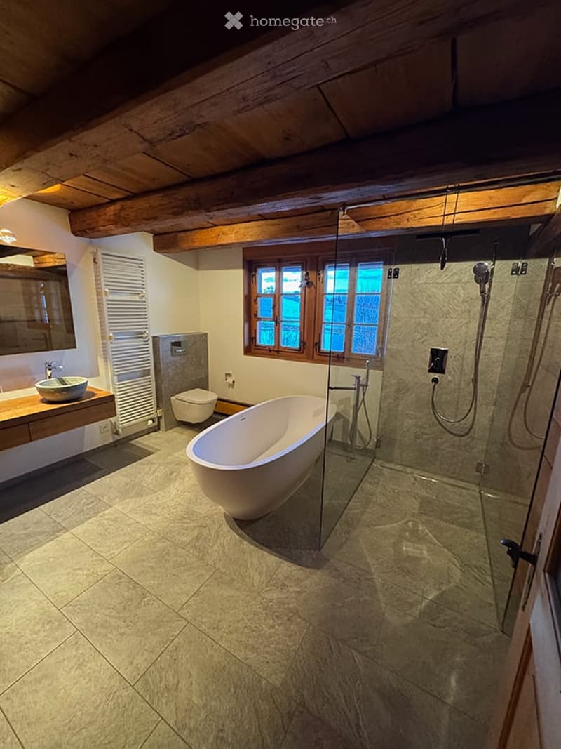 Modern bathroom with a freestanding bathtub, glass-enclosed shower, toilet, sink, and mirror. Exposed wooden beams on the ceiling and large windows provide natural light.